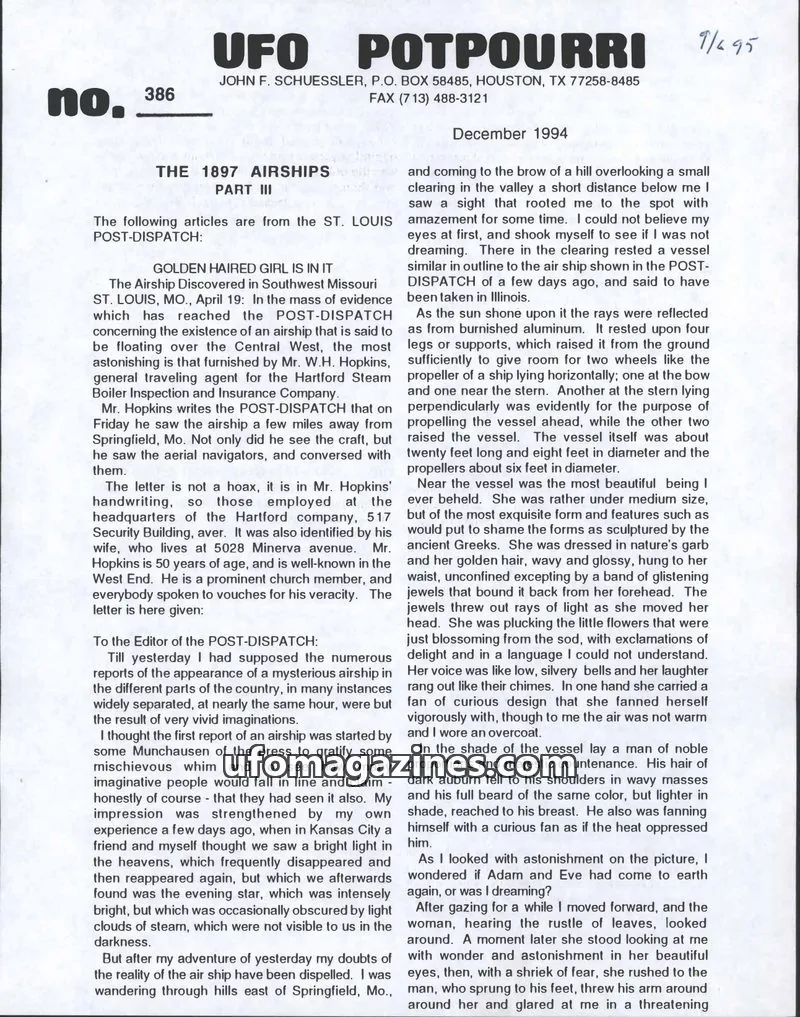 Cover of UFO Potpourri (John Schuessler) issue no. 386: UFO POTPOURRI