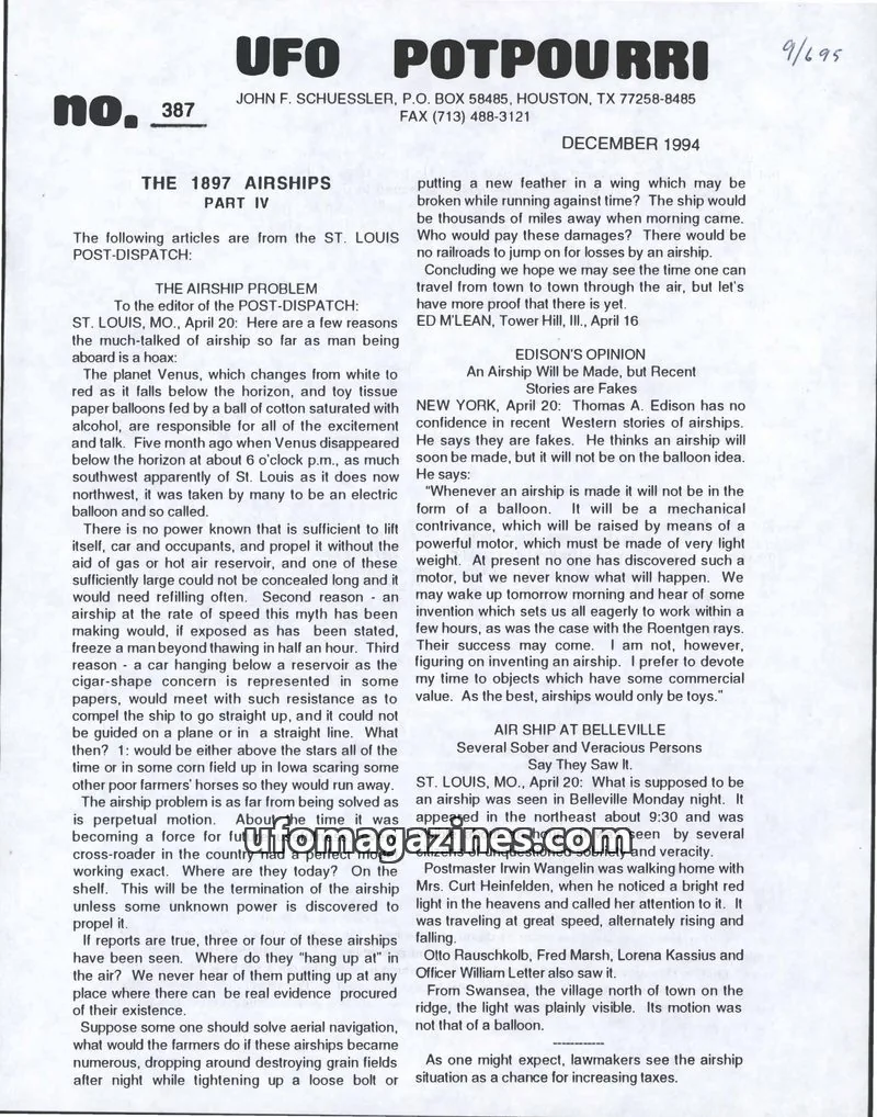 Cover of UFO Potpourri (John Schuessler) issue 387: UFO POTPOURRI