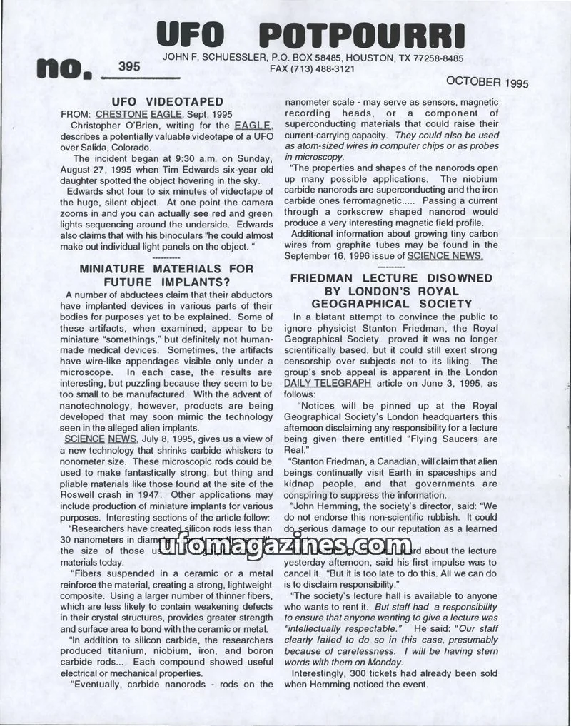 Cover of UFO Potpourri (John Schuessler) issue 395: UFO POTPOURRI