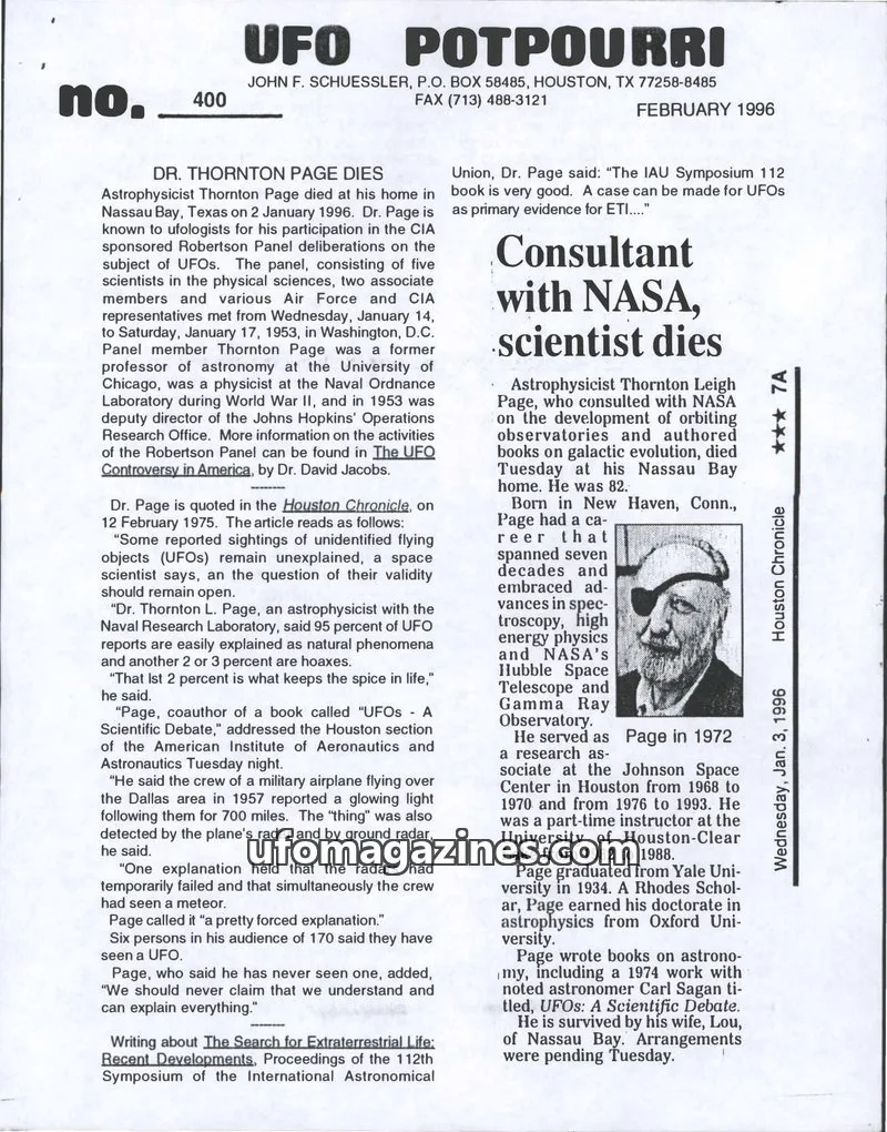 Cover of UFO Potpourri (John Schuessler) issue 400: UFO POTPOURRI