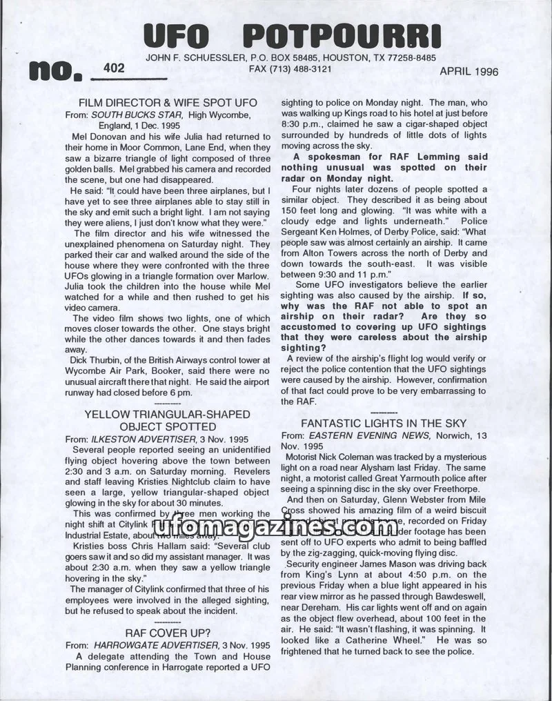 Cover of UFO Potpourri (John Schuessler) issue no. 402: UFO POTPOURRI