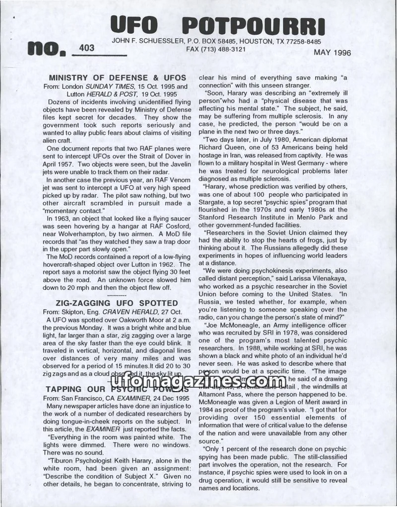 Cover of UFO Potpourri (John Schuessler) issue 403: UFO POTPOURRI