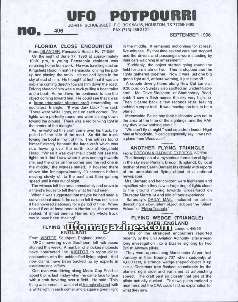 Cover of UFO Potpourri (John Schuessler) issue 406: UFO POTPOURRI