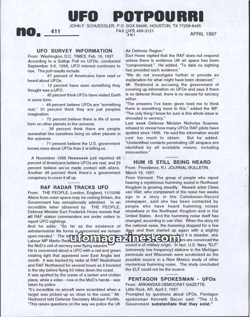 Cover of UFO Potpourri (John Schuessler) issue 411: UFO POTPOURRI