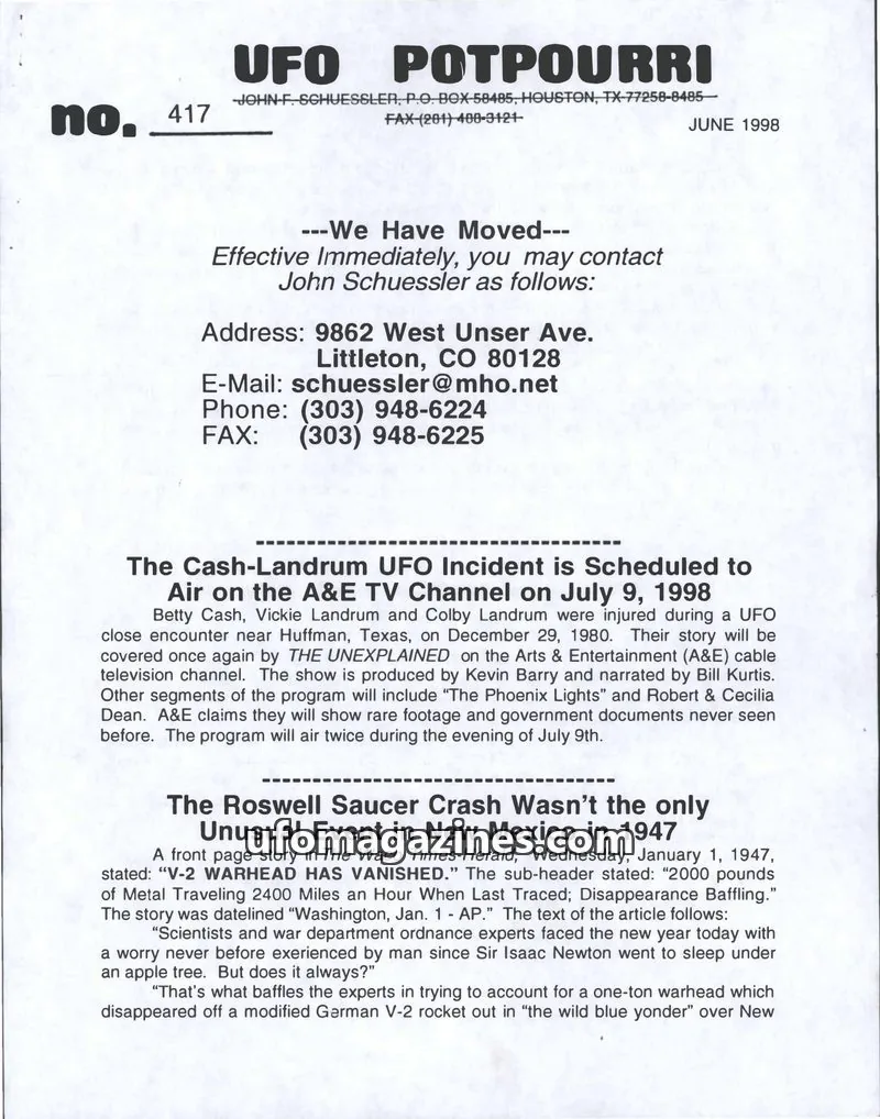 Cover of UFO Potpourri (John Schuessler) issue 417: UFO POTPOURRI