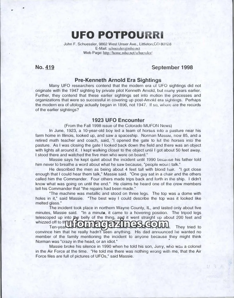 Cover of UFO Potpourri (John Schuessler) issue No. 419: UFO POTPOURRI