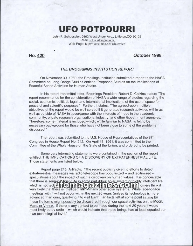 Cover of UFO Potpourri (John Schuessler) issue 420: UFO POTPOURRI