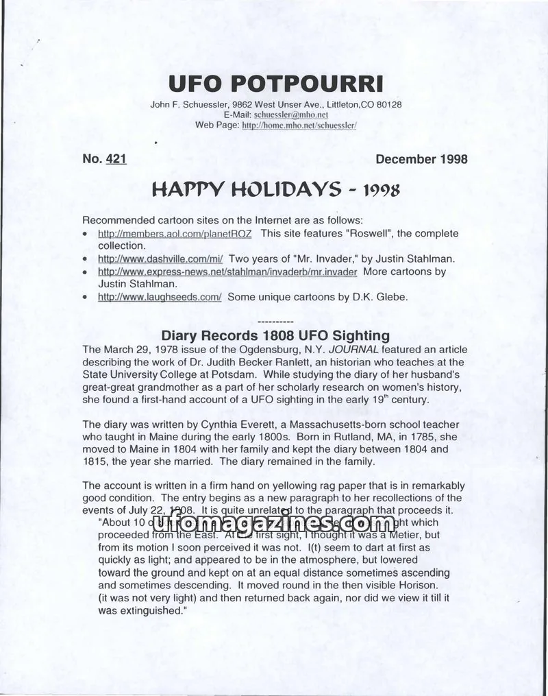 Cover of UFO Potpourri (John Schuessler) issue 421: UFO POTPOURRI