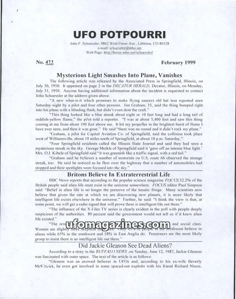 Cover of UFO Potpourri (John Schuessler) issue No. 423: UFO POTPOURRI
