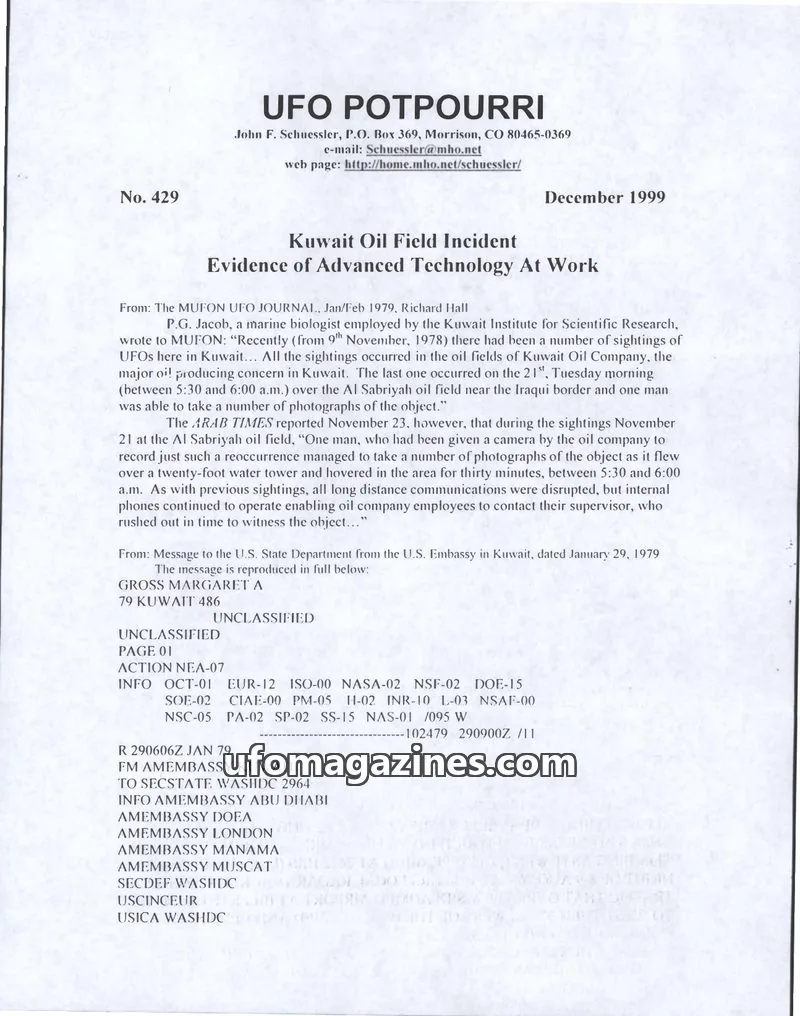 Cover of UFO Potpourri (John Schuessler) issue No. 429: UFO POTPOURRI