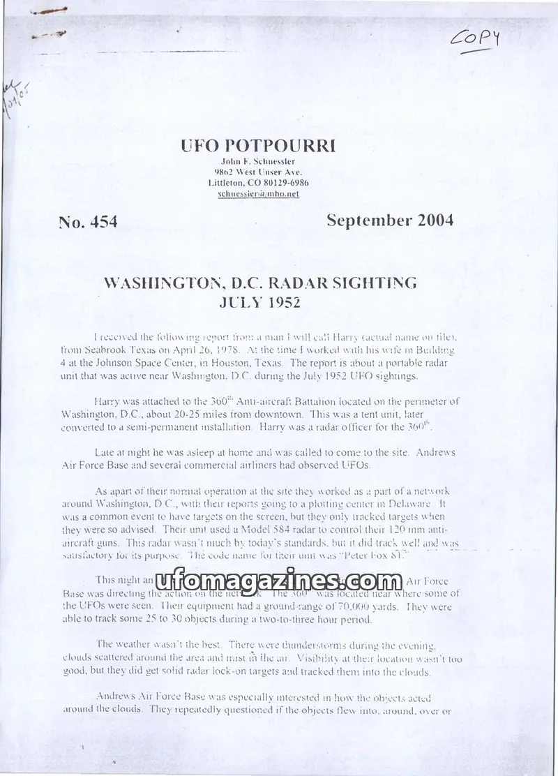 Cover of UFO Potpourri (John Schuessler) issue No. 454: UFO POTPOURRI