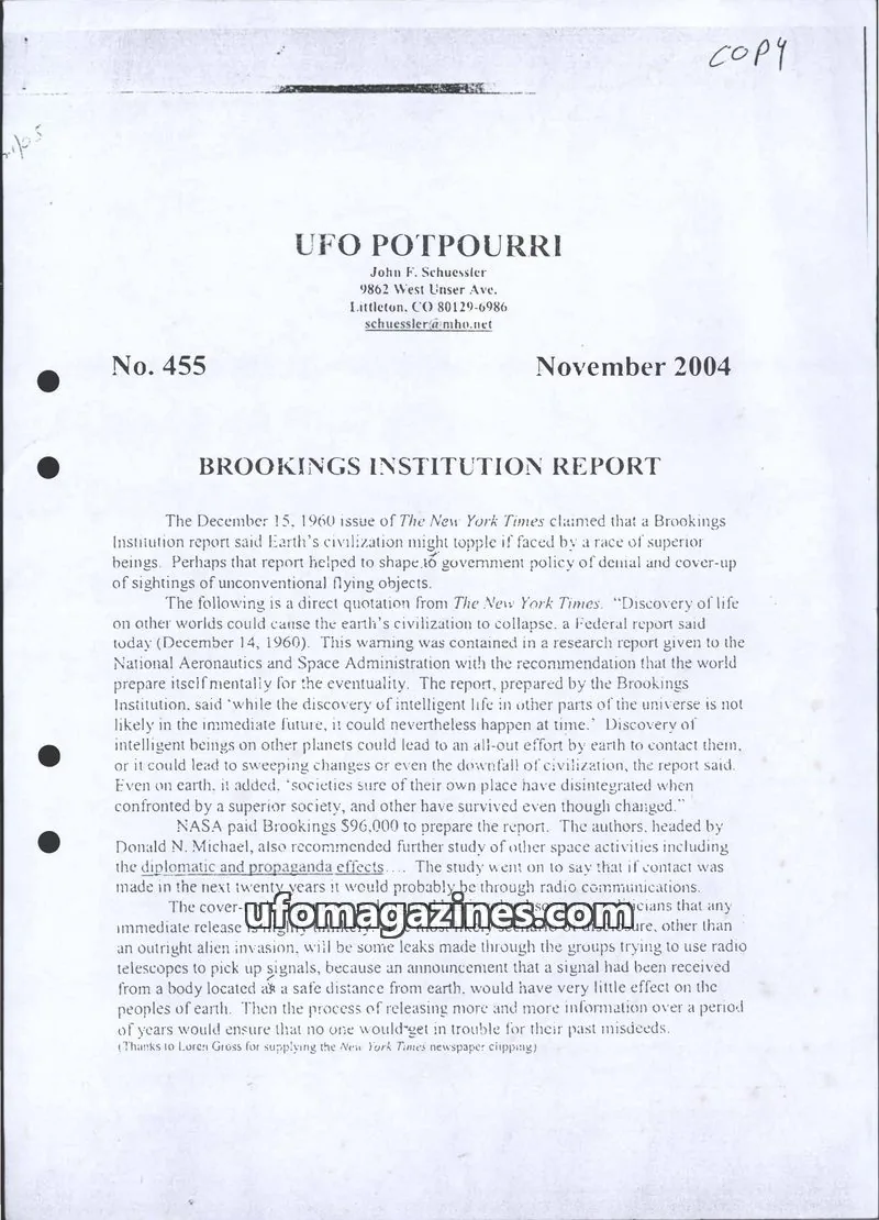 Cover of UFO Potpourri (John Schuessler) issue 455: UFO POTPOURRI