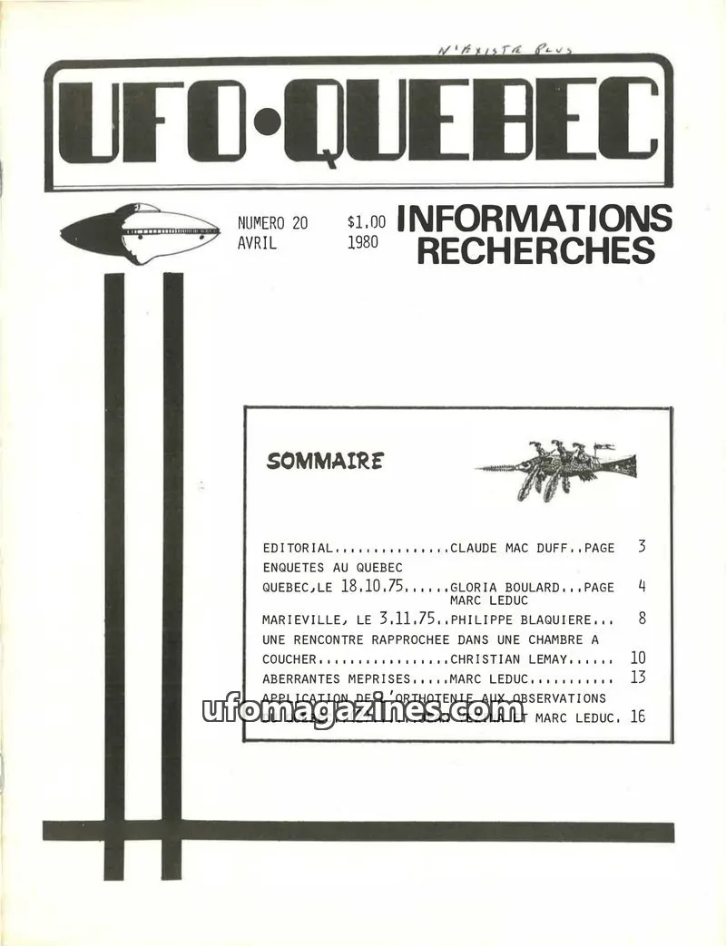 Cover of UFO Quebec issue 20: UFO-QUEBEC