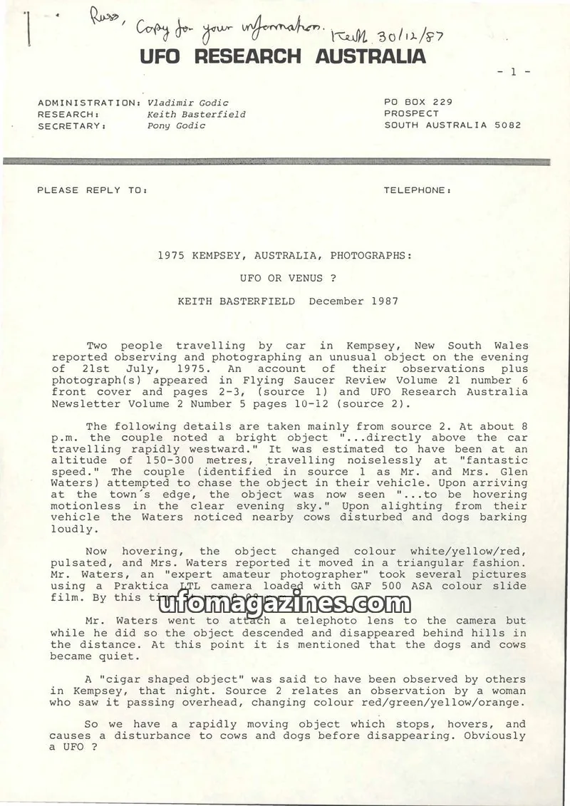 Cover of UFO Research Australia Newsletter issue Volume 2 Number 5: UFO Research Australia Newsletter