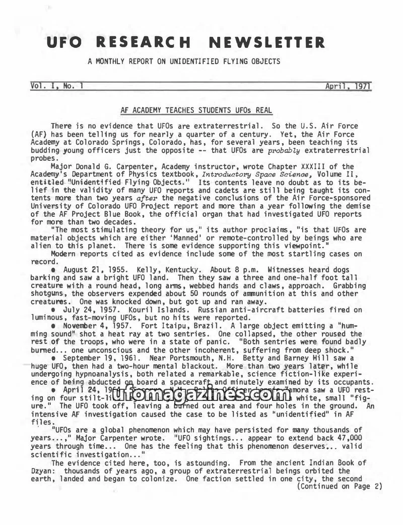 Cover of UFO Research Newsletter (Lore) issue Vol. I, No. 1: UFO RESEARCH NEWSLETTER