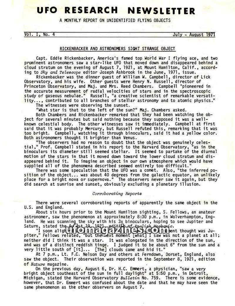 Cover of UFO Research Newsletter (Lore) issue Vol. I, No. 4: UFO RESEARCH NEWSLETTER