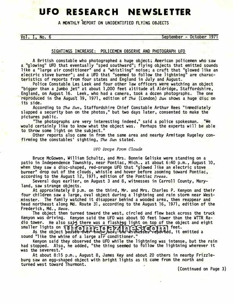 Cover of UFO Research Newsletter (Lore) issue Vol. I, No. 6: UFO RESEARCH NEWSLETTER