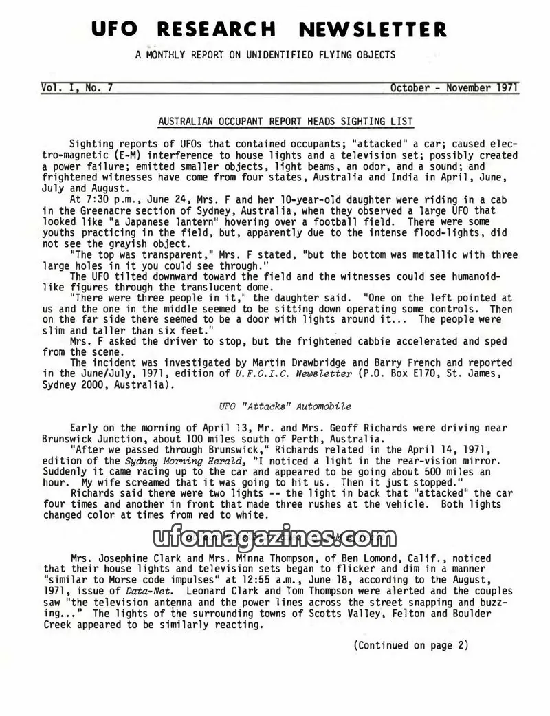 Cover of UFO Research Newsletter (Lore) issue Vol. I, No. 7: UFO RESEARCH NEWSLETTER