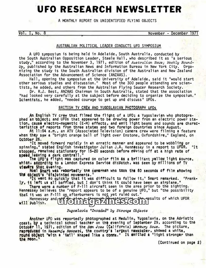Cover of UFO Research Newsletter (Lore) issue Vol. I, No. 8: UFO RESEARCH NEWSLETTER