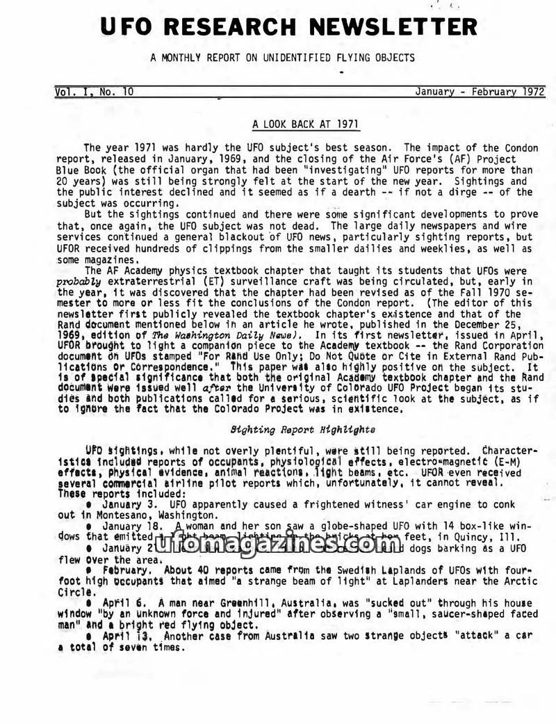 Cover of UFO Research Newsletter (Lore) issue 10: UFO RESEARCH NEWSLETTER