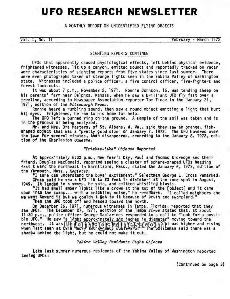 Cover of UFO Research Newsletter (Lore) issue Vol. I, No. 11: UFO RESEARCH NEWSLETTER