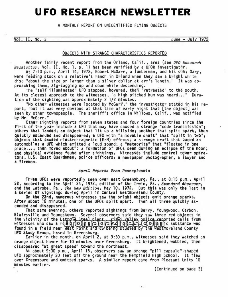 Cover of UFO Research Newsletter (Lore) issue Vol. II, No. 3: UFO RESEARCH NEWSLETTER