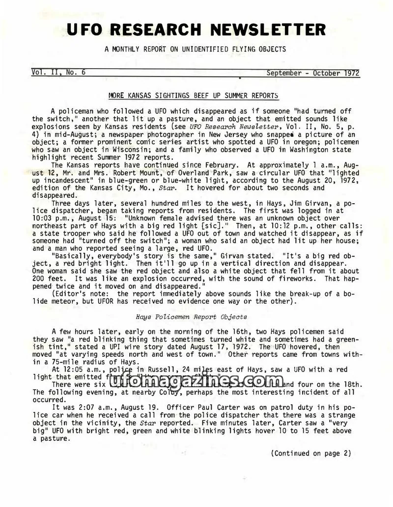 Cover of UFO Research Newsletter (Lore) issue Vol. II, No. 6: UFO RESEARCH NEWSLETTER