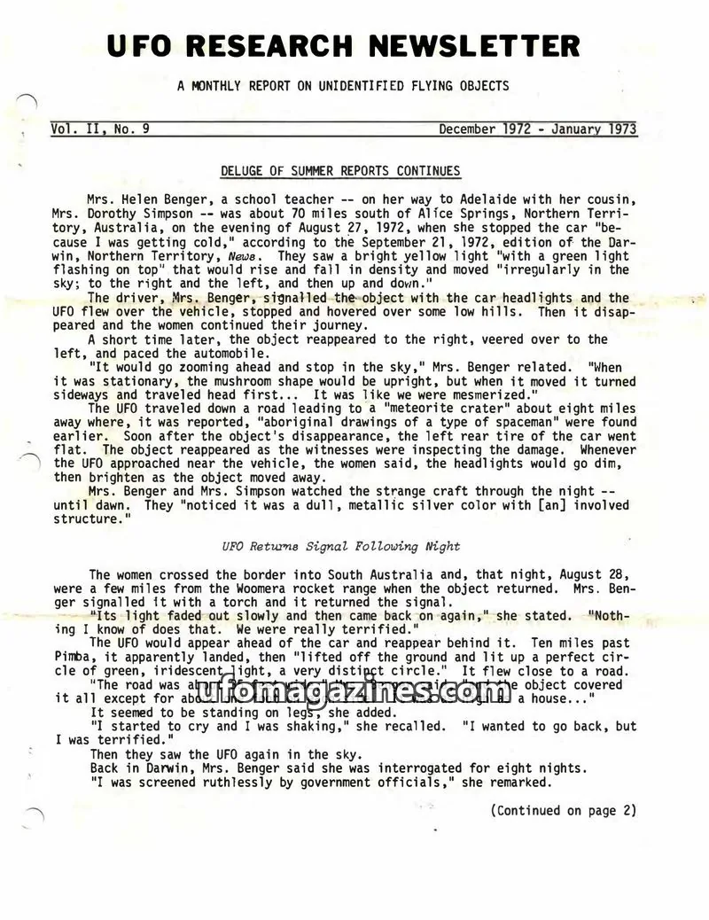 Cover of UFO Research Newsletter (Lore) issue Vol. II, No. 9: UFO RESEARCH NEWSLETTER