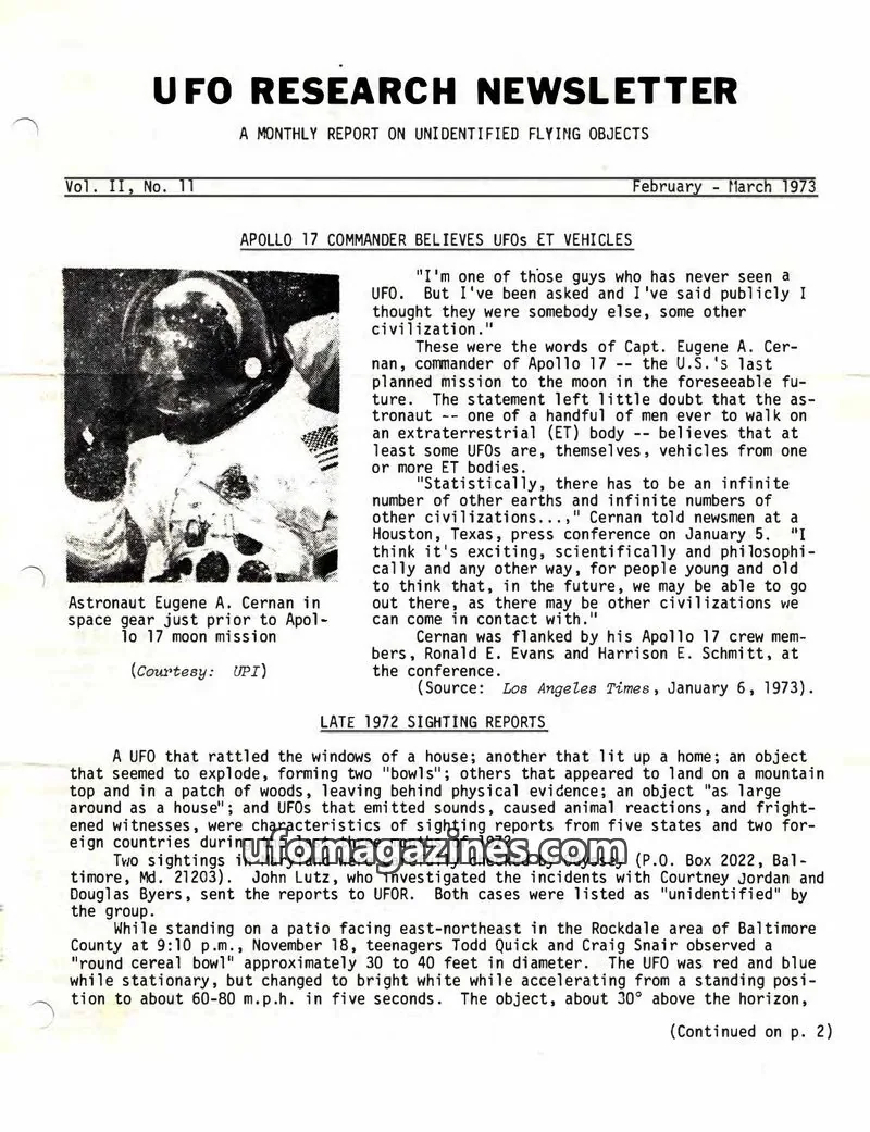 Cover of UFO Research Newsletter (Lore) issue Vol. II, No. 11: UFO RESEARCH NEWSLETTER