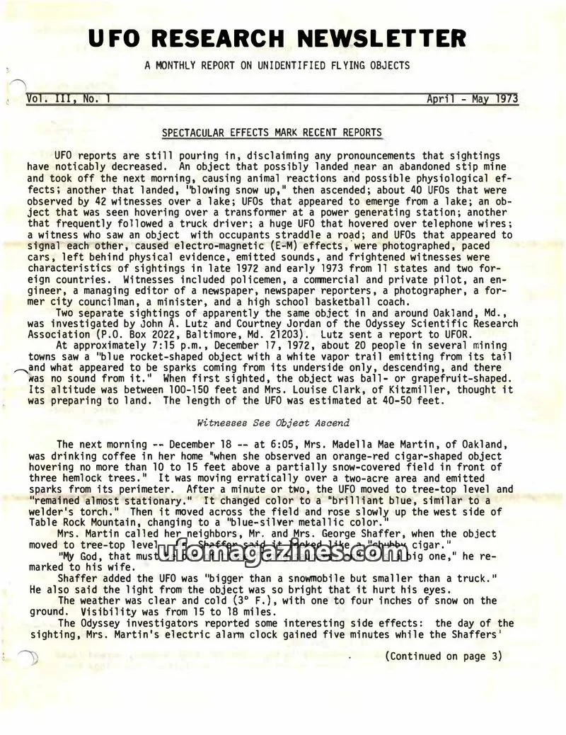 Cover of UFO Research Newsletter (Lore) issue Vol. III, No. 1: UFO RESEARCH NEWSLETTER