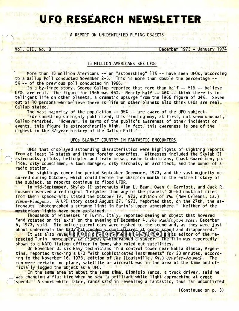 Cover of UFO Research Newsletter (Lore) issue Vol. III, No. 8: UFO RESEARCH NEWSLETTER