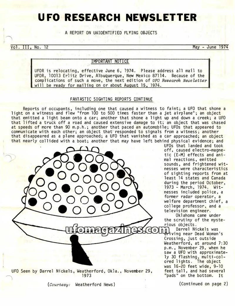 Cover of UFO Research Newsletter (Lore) issue Vol. III, No. 12: UFO RESEARCH NEWSLETTER