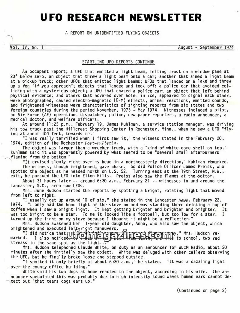 Cover of UFO Research Newsletter (Lore) issue Vol. IV, No. 1: UFO RESEARCH NEWSLETTER