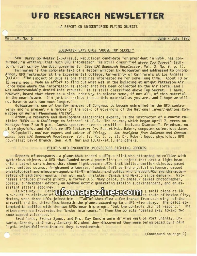 Cover of UFO Research Newsletter (Lore) issue Vol. IV, No. 6: UFO RESEARCH NEWSLETTER