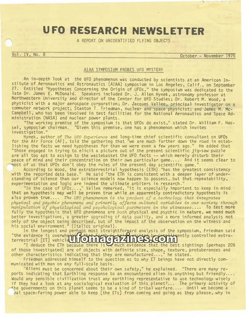 Cover of UFO Research Newsletter (Lore) issue Vol. IV, No. 8: UFO RESEARCH NEWSLETTER