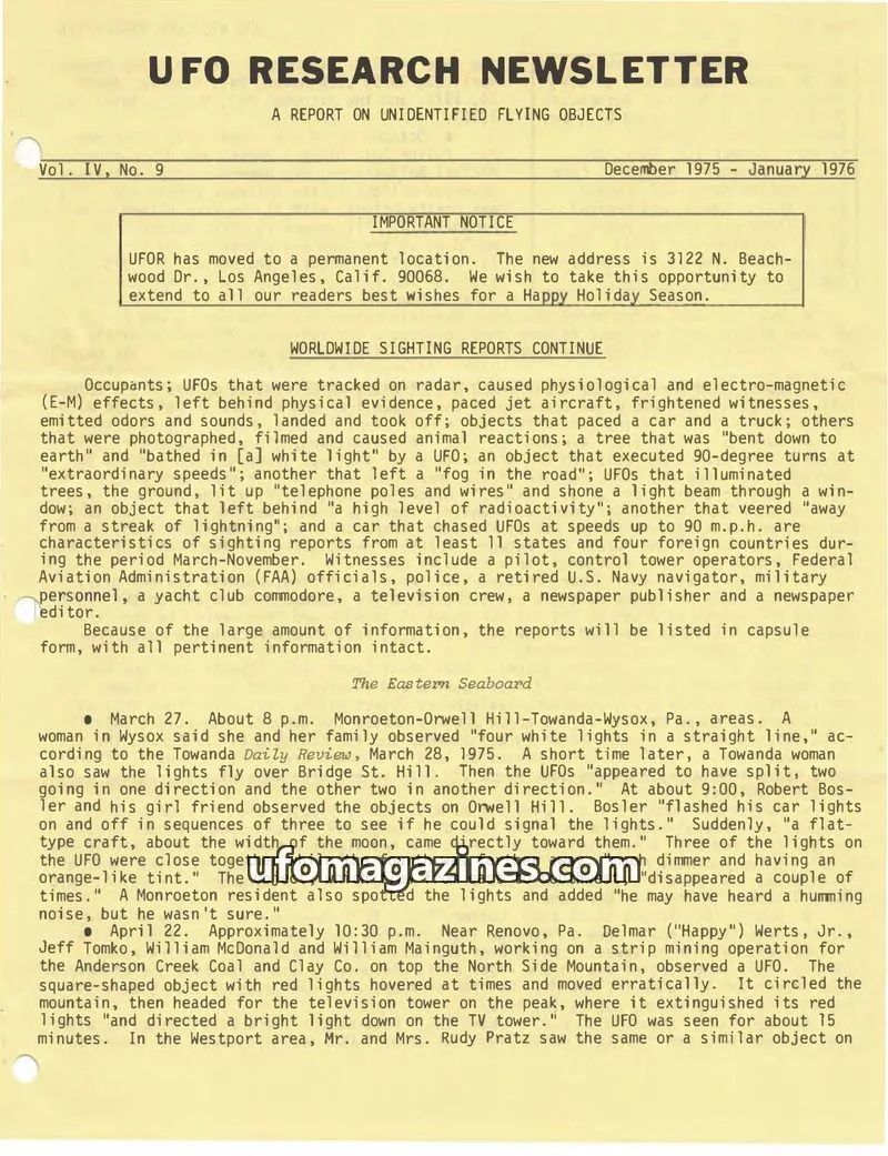 Cover of UFO Research Newsletter (Lore) issue No. 9: UFO RESEARCH NEWSLETTER