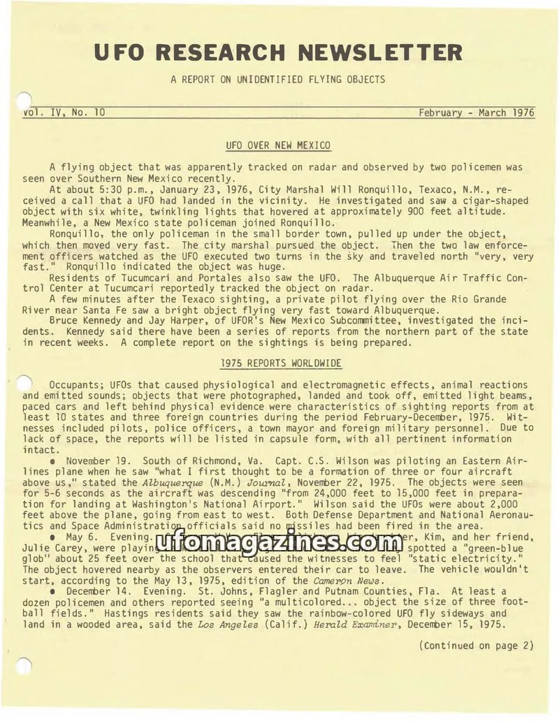 Cover of UFO Research Newsletter (Lore) issue Vol. IV, No. 10: UFO RESEARCH NEWSLETTER