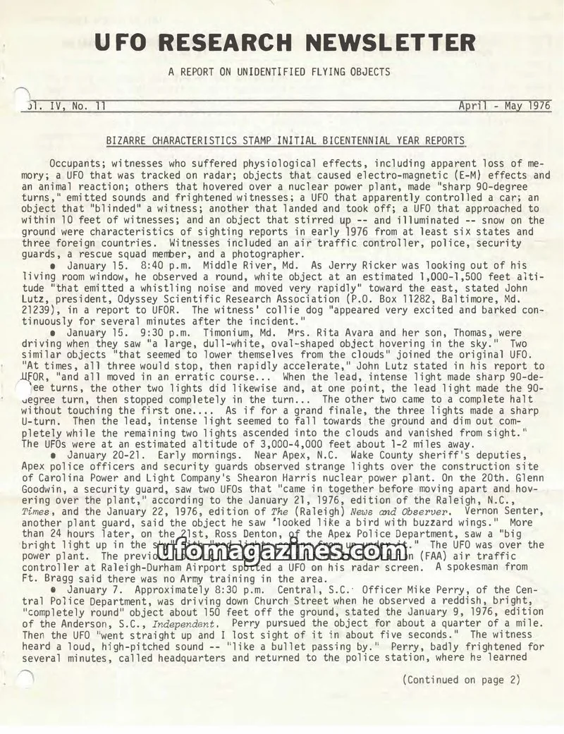 Cover of UFO Research Newsletter (Lore) issue Vol. IV, No. 11: UFO RESEARCH NEWSLETTER