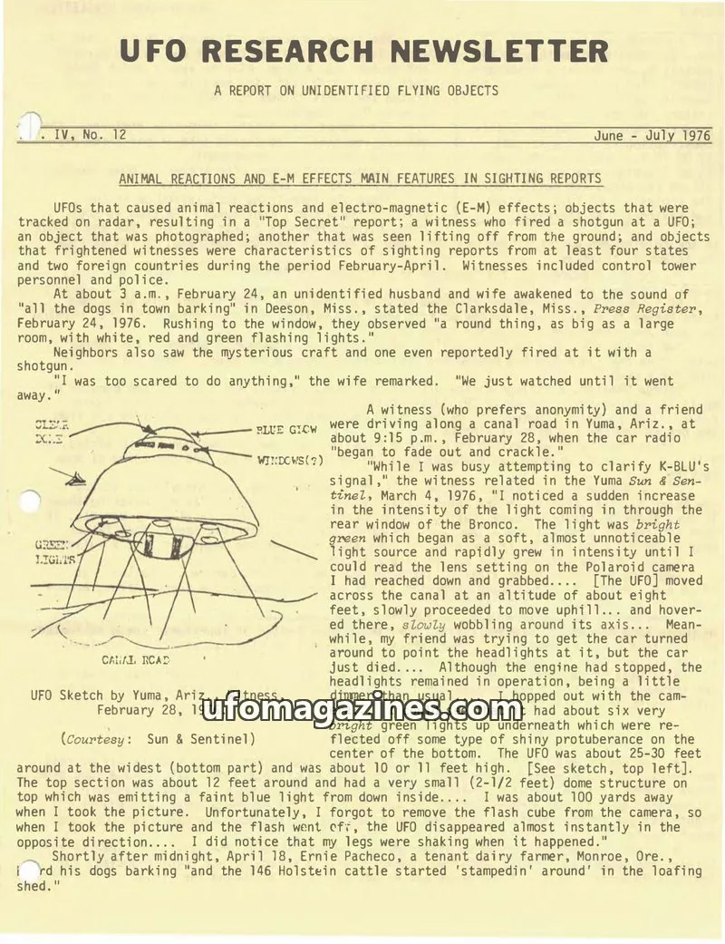 Cover of UFO Research Newsletter (Lore) issue IV, No. 12: UFO RESEARCH NEWSLETTER