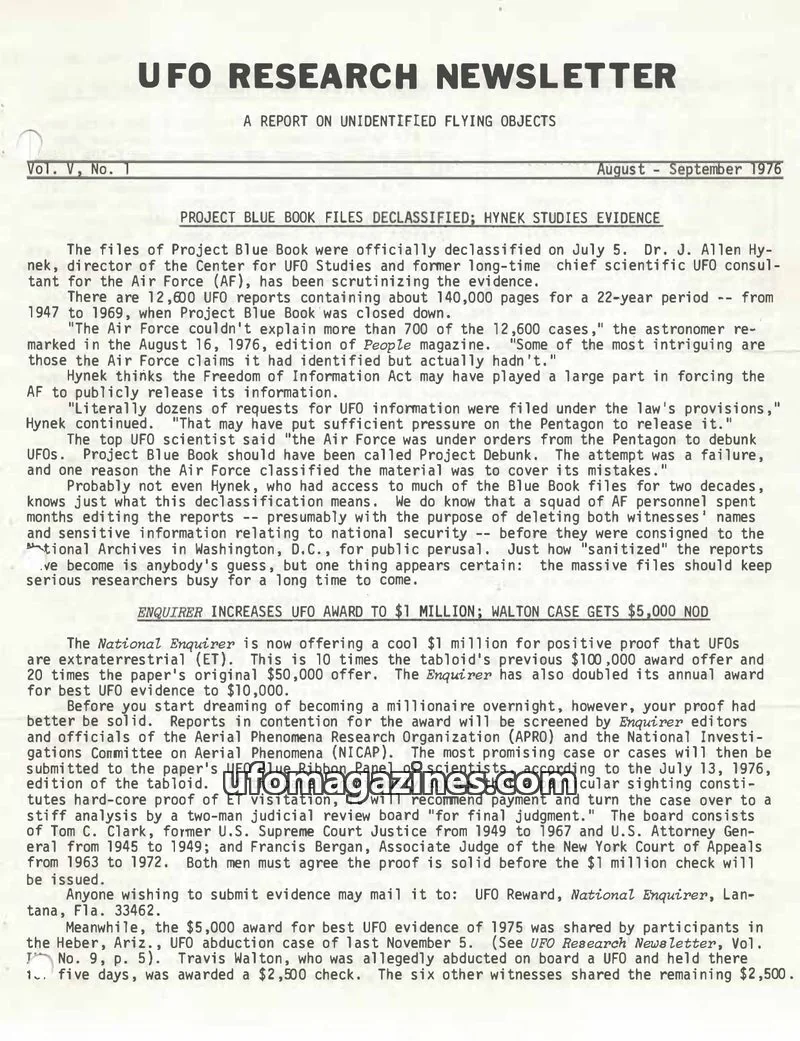 Cover of UFO Research Newsletter (Lore) issue Vol. V, No. 1: UFO RESEARCH NEWSLETTER