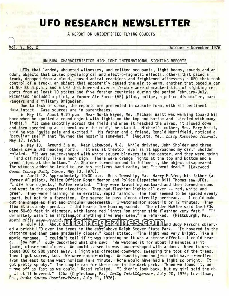 Cover of UFO Research Newsletter (Lore) issue Vol. V, No. 2: UFO RESEARCH NEWSLETTER