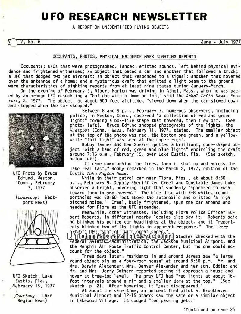 Cover of UFO Research Newsletter (Lore) issue V, No. 6: UFO RESEARCH NEWSLETTER