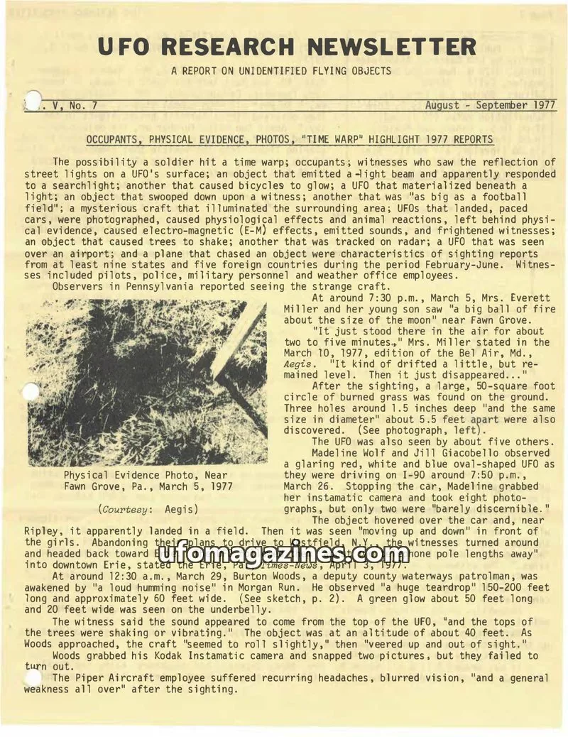Cover of UFO Research Newsletter (Lore) issue V, No. 7: UFO RESEARCH NEWSLETTER
