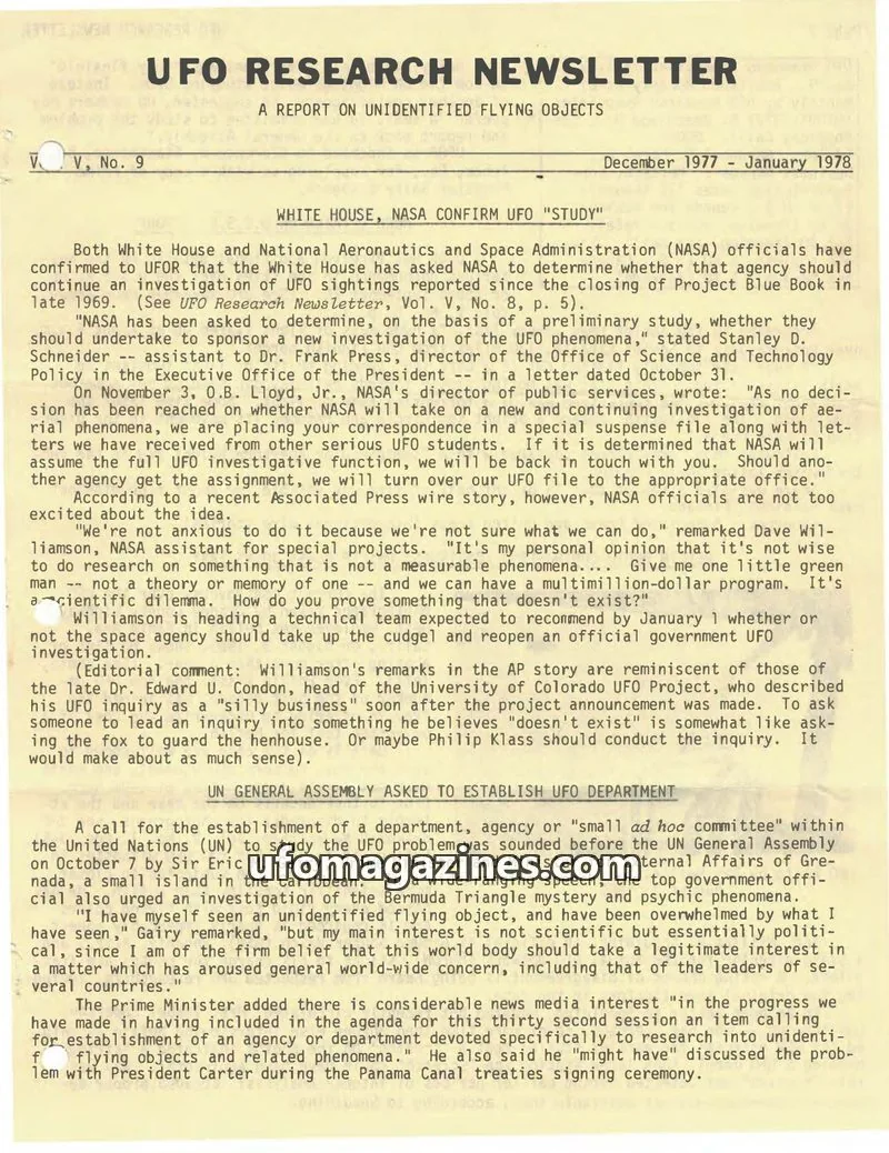 Cover of UFO Research Newsletter (Lore) issue Vol. V, No. 9: UFO RESEARCH NEWSLETTER