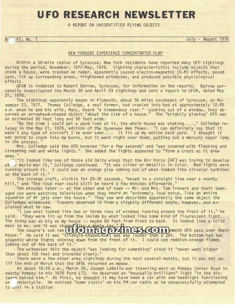Cover of UFO Research Newsletter (Lore) issue VI, No. 1: UFO RESEARCH NEWSLETTER