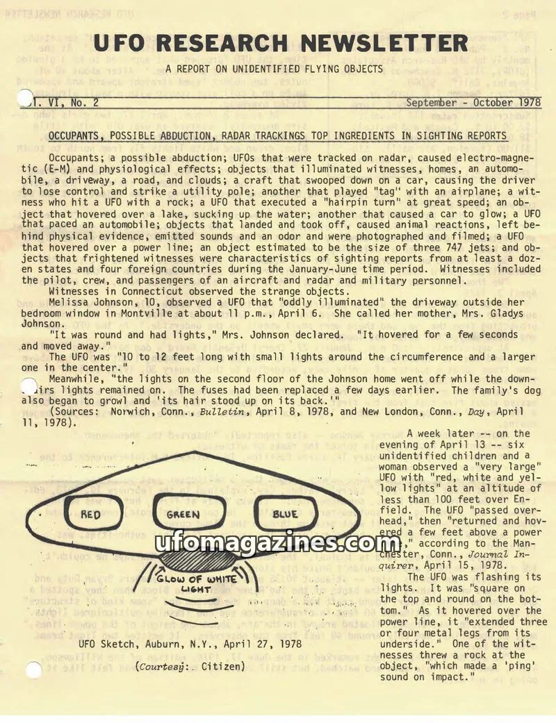 Cover of UFO Research Newsletter (Lore) issue VI, No. 2: UFO RESEARCH NEWSLETTER