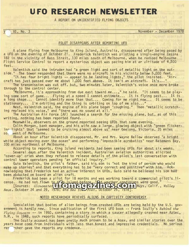 Cover of UFO Research Newsletter (Lore) issue VI, No. 3: UFO RESEARCH NEWSLETTER
