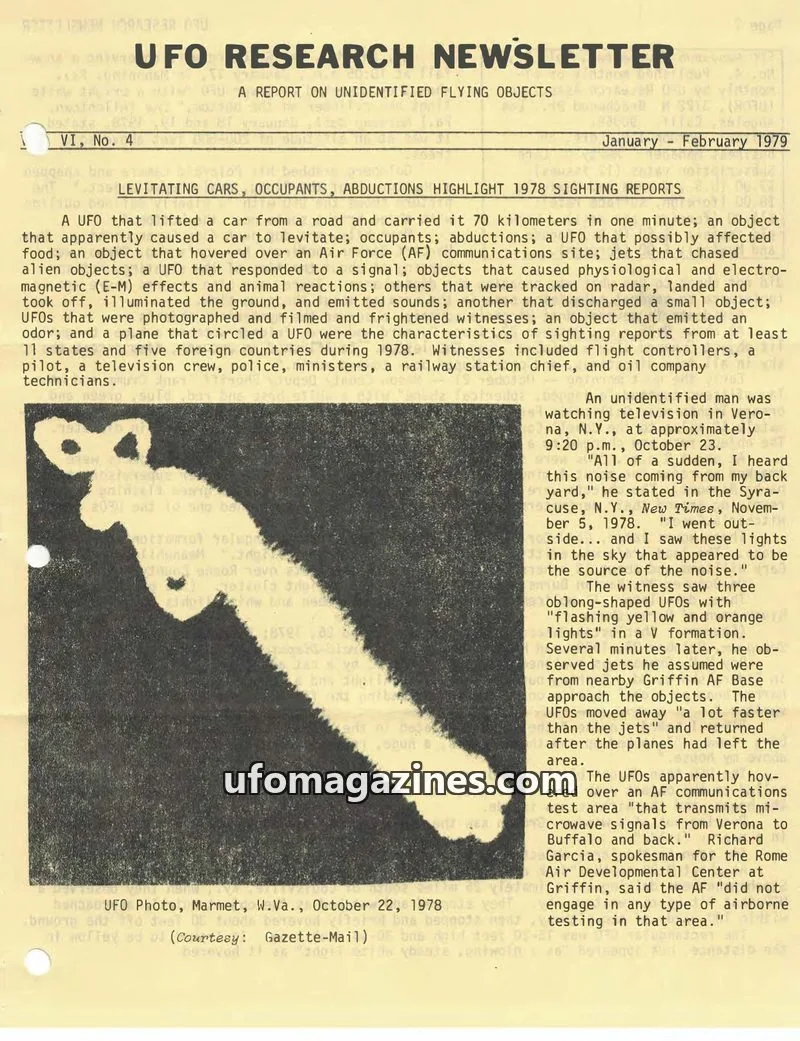 Cover of UFO Research Newsletter (Lore) issue VI, No. 4: UFO RESEARCH NEWSLETTER