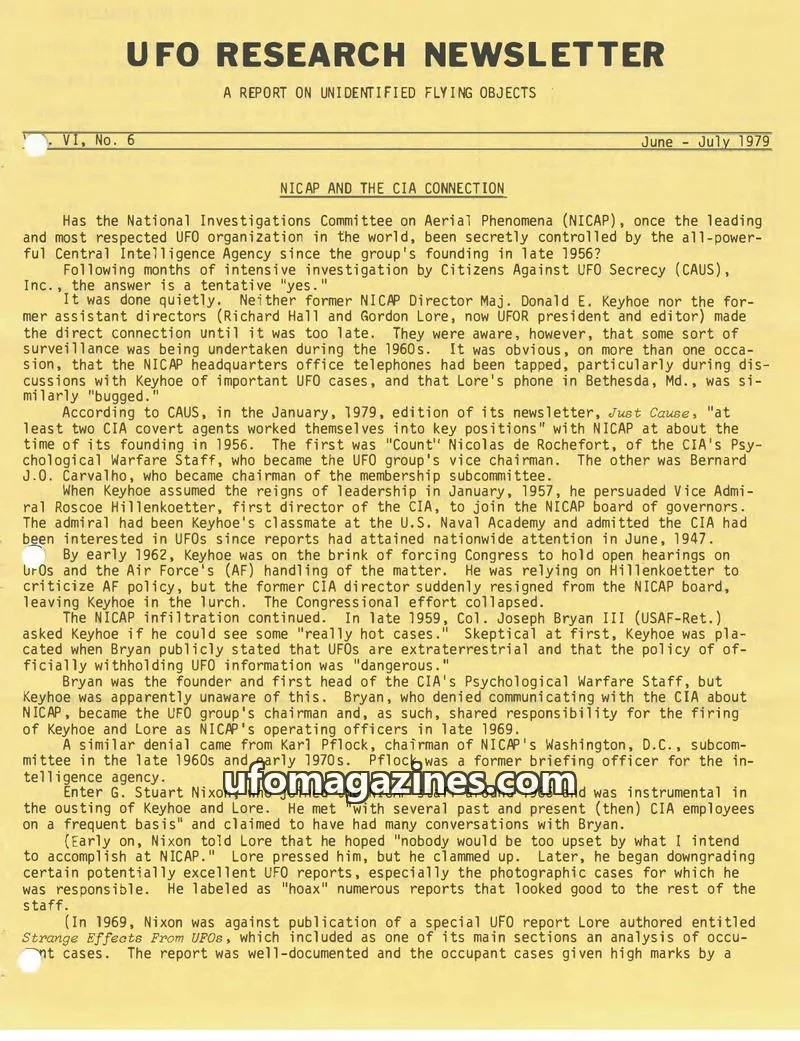 Cover of UFO Research Newsletter (Lore) issue VI, No. 6: UFO RESEARCH NEWSLETTER