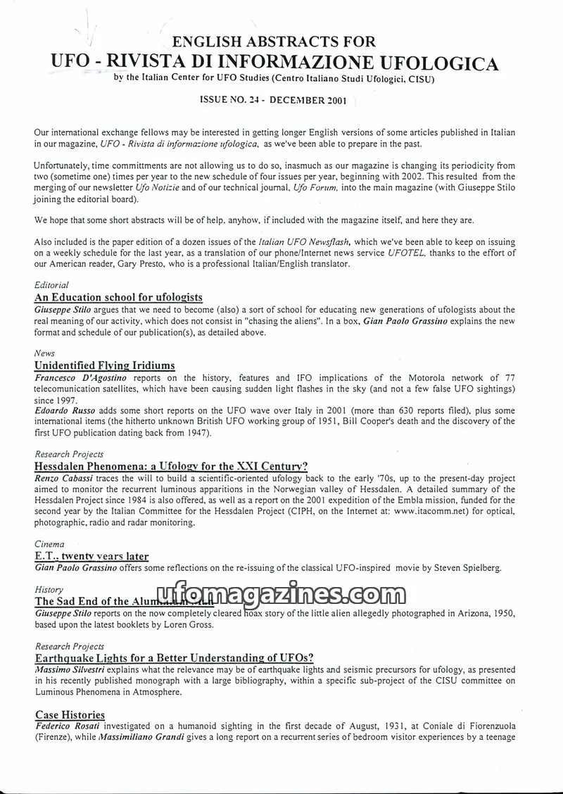 Cover of UFO Rivista di Informazione Ufologica (CISU) issue 24: ENGLISH ABSTRACTS FOR UFO - RIVISTA DI INFORMAZIONE UFOLOGICA